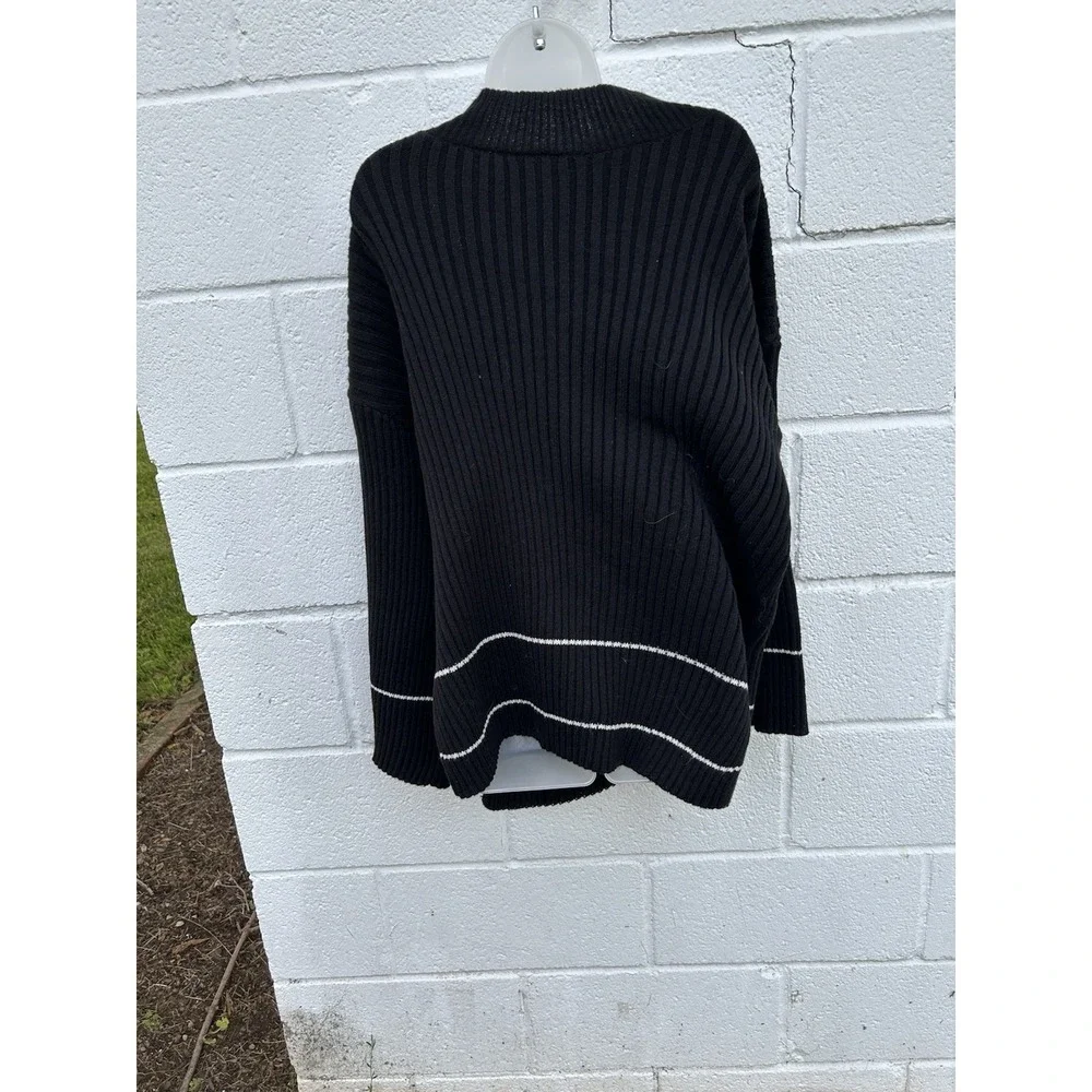 SHEIN Black Turtleneck Sweater White Trim Knitted Pullover 3XL Side Slit Warm